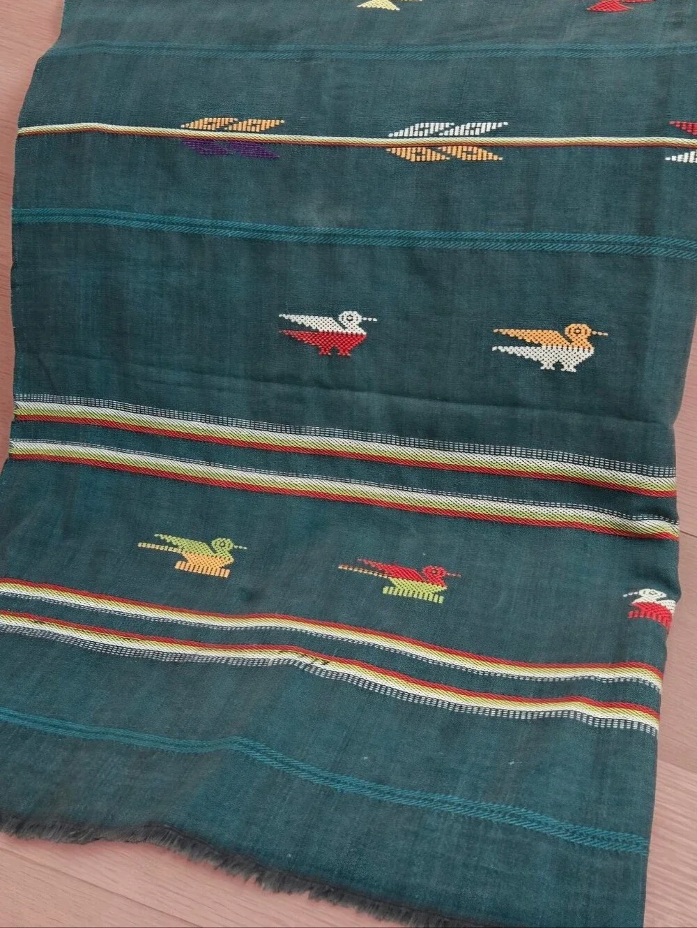Guatemalan Teal Green Woven Tablecloth Quetzal Birds Colorful Stripes Southwest